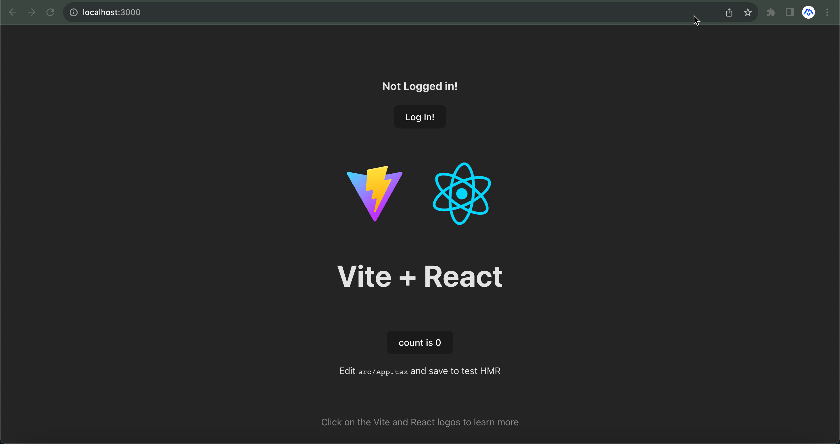 Vite react app running in the browser with login button